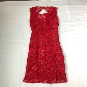 Red Lace over Nude Ruched Open Back Dress